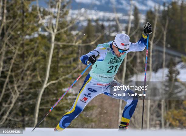 Calle Halfvarsson of Sweden competes during Men's 1.3km Sprint race at the COOP FIS Cross Country World Cup, on February 10 in Canmore, Alberta,...