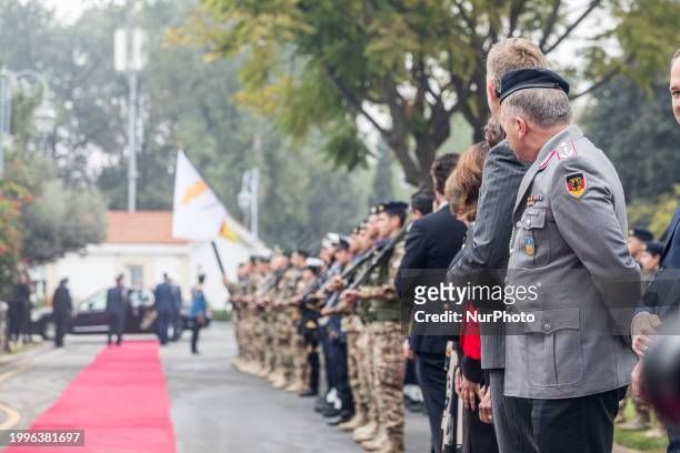 Members of the German delegation are waiting for the arrival of Frank-Walter Steinmeier in Nicosia, Cyprus, on February 12, 2024. The President of...