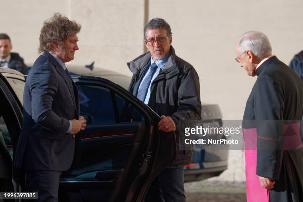 Argentinian President Javier Milei is arriving at the San Damaso courtyard in The Vatican to meet with Pope Francis on February 12, 2024.