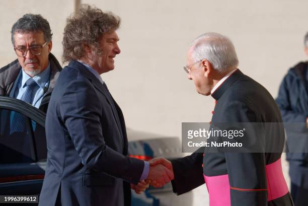 Argentinian President Javier Milei is arriving at the San Damaso courtyard in The Vatican to meet with Pope Francis on February 12, 2024.