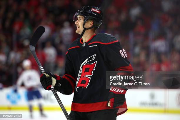 Martin Necas of the Carolina Hurricanes reacts following his second goal during the first period of the game against the Colorado Avalanche at PNC...