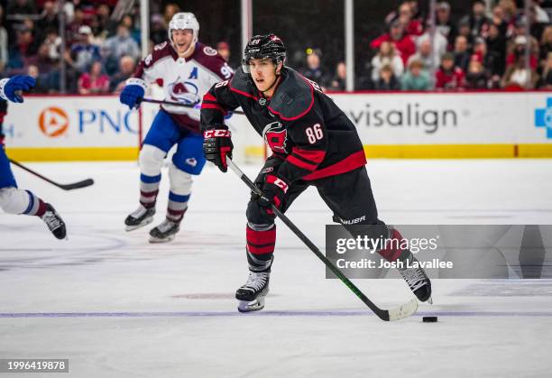 Teuvo Teravainen of the Carolina Hurricanes skates during the first period against the Colorado Avalanche at PNC Arena on February 08, 2024 in...