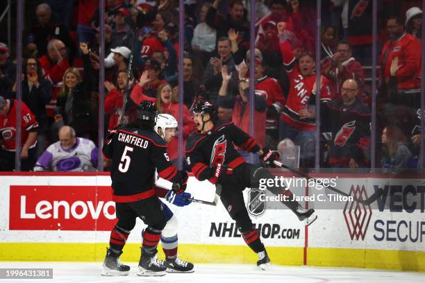 Martin Necas of the Carolina Hurricanes reacts following his second goal during the first period of the game against the Colorado Avalanche at PNC...