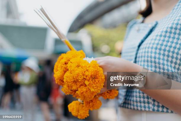 asian woman praying at erawan shrine in bangkok - religious offering stock pictures, royalty-free photos & images