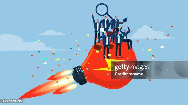 setting off with creativity, creative teams, creativity and inspiration help businessmen achieve success or reach their goals, and businessmen sit on the light bulb of the booster to launch and take off - exploding lightbulb stock illustrations