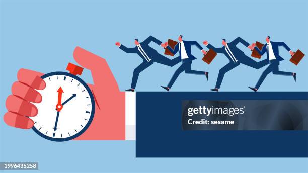 countdowns, deadlines, a race to the finish line, efficiency to complete a task or reach a goal quickly, a group of businessmen running on the arm of a timer about to be pressed - sales effort stock illustrations