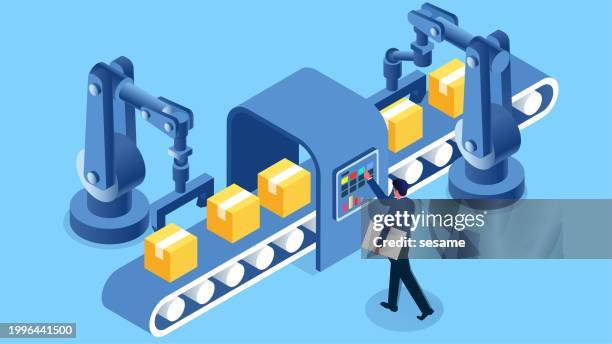 industrielle roboterarmmontage für die zustellung von paketen, industrialisierung der künstlichen intelligenz in fabriken, isometrische händler verwenden computergesteuerte roboterarme zum be- und entladen von paketkästen - produktionsgerät stock-grafiken, -clipart, -cartoons und -symbole