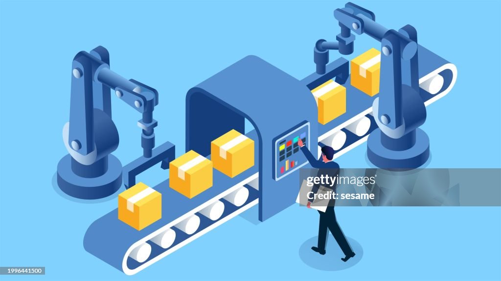 Industrial robotic arm assembly for delivery of parcels, industrialization of artificial intelligence in factories, isometric traders use computer-controlled robotic arms to load and unload parcel boxes