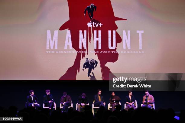 Brandon Flynn, Matt Walsh, Anthony Boyle, Will Harrison, Hamish Linklater, Lovie Simone and Monica Beletsky speak during the "Manhunt" panel for day...