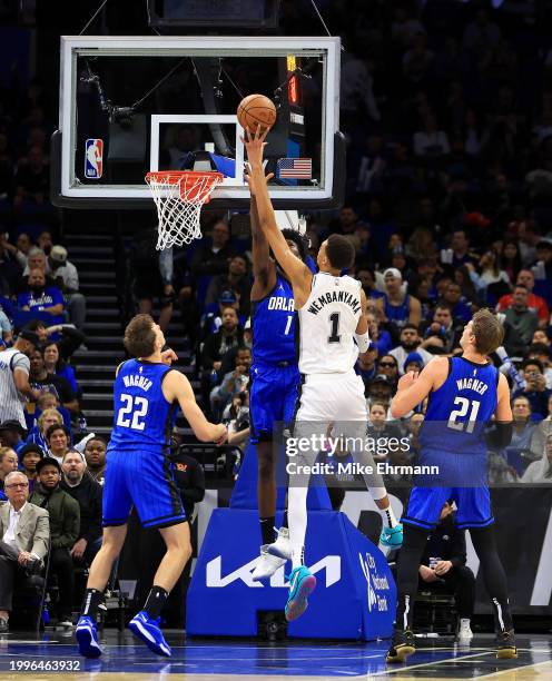 Victor Wembanyama of the San Antonio Spurs shoots during a game against the Orlando Magic at Kia Center on February 08, 2024 in Orlando, Florida....