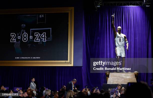 The Kobe Bryant Statue during an unveiling ceremony at Crypto.com Arena on February 08, 2024 in Los Angeles, California. NOTE TO USER: User expressly...