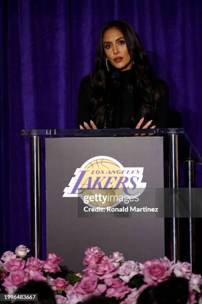 Vanessa Bryant speaks during a unveiling ceremony for the Kobe Bryant Statue at Crypto.com Arena on February 08, 2024 in Los Angeles, California....