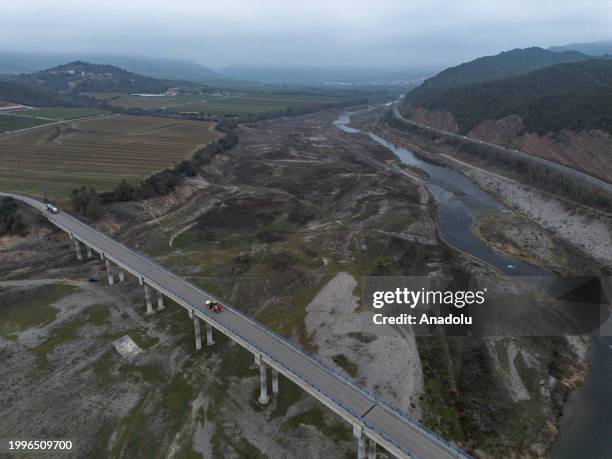 An aerial view of the Basturs Lakes which part of the UNESCO Global Geopark 'Origens,' are at risk of drying up due to prolonged water scarcity in...