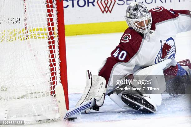 Alexandar Georgiev of the Colorado Avalanche makes a save during the second period of the game against the Carolina Hurricanes at PNC Arena on...