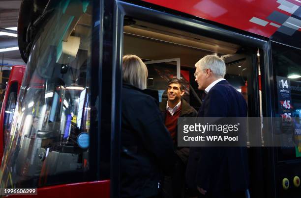 British Prime Minister Rishi Sunak visits a bus depot on February 12, 2024 in Harrogate, England.