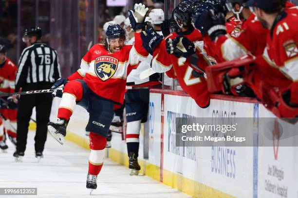 Ryan Lomberg of the Florida Panthers celebrates scoring a goal against the Washington Capitals during the third period at Amerant Bank Arena on...