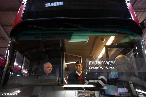 British Prime Minister Rishi Sunak visits a bus depot on February 12, 2024 in Harrogate, England.