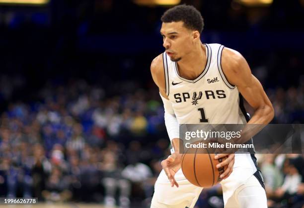 Victor Wembanyama of the San Antonio Spurs shoots during a game against the Orlando Magic at Kia Center on February 08, 2024 in Orlando, Florida....