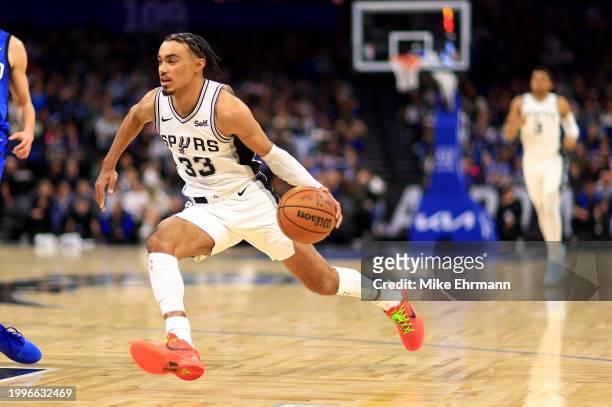 Tre Jones of the San Antonio Spursdrives to the basket during a game against the Orlando Magic at Kia Center on February 08, 2024 in Orlando,...