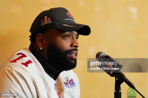 Trent Williams speaks to media during San Francisco 49ers media availability ahead of Super Bowl LVIII at Hilton Lake Las Vegas Resort and Spa on...