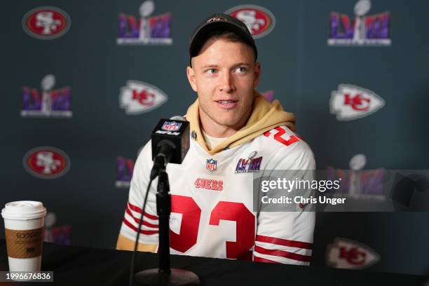 Christian McCaffrey speaks to media during San Francisco 49ers media availability ahead of Super Bowl LVIII at Hilton Lake Las Vegas Resort and Spa...