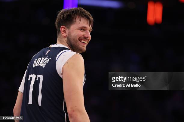 Luka Doncic of the Dallas Mavericks looks aon against the New York Knicks during their game at Madison Square Garden on February 08, 2024 in New York...