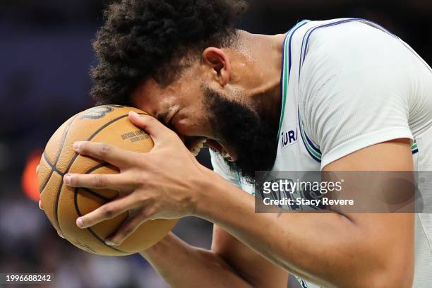 Karl-Anthony Towns of the Minnesota Timberwolves reacts to an officials call during the second half of a game against the Milwaukee Bucks at Fiserv...