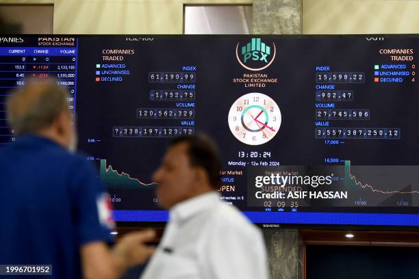 Stock brokers monitor share prices displayed on a digital screen during a trading session at the Pakistan Stock Exchange in Karachi on February 12,...