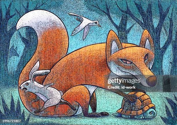 rabbit running away while fox catching tortoise - wildhund stock-grafiken, -clipart, -cartoons und -symbole