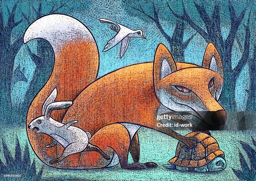 Fox Cathcing Rabbit Rabbit Running Away While Fox Catching Tortoise High-Res Vector Graphic ...
