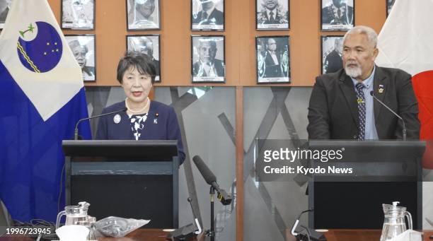 Japanese Foreign Minister Yoko Kamikawa and Cook Islands foreign and immigration minister Tingika Elikana attend a joint press conference following a...