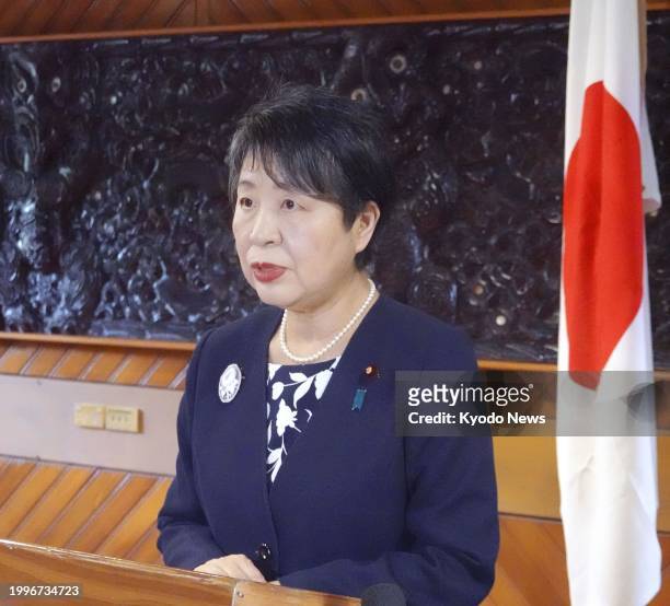 Japanese Foreign Minister Yoko Kamikawa speaks to reporters following a ministerial meeting with Pacific island nations in the Fijian capital Suva on...