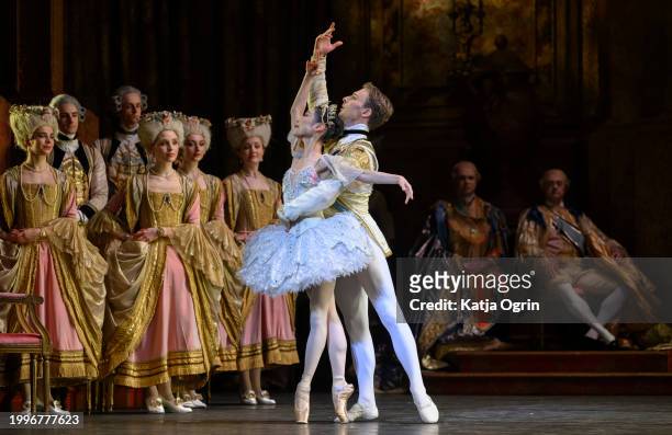 Dancers perform during the photocall for Birmingham Royal Ballet's "The Sleeping Beauty" at The Mayflower Theatre on February 8, 2024 in Southampton,...