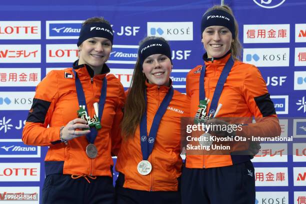 Silver medalist Team Netherlands celebrates during the victory ceremony for the Team Pursuit Women on day three of the ISU World Junior Speed Skating...