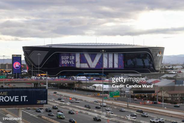 Video board displays logos for Super Bowl LVIII at Allegiant Stadium ahead of Super Bowl LVIII on February 08, 2024 in Las Vegas, Nevada.