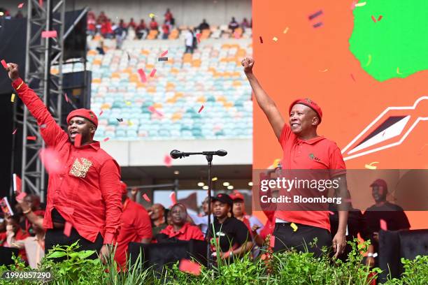 Julius Malema, leader of the Economic Freedom Fighters , right, during the Economic Freedom Fighters party manifesto launch in Durban, South Africa,...