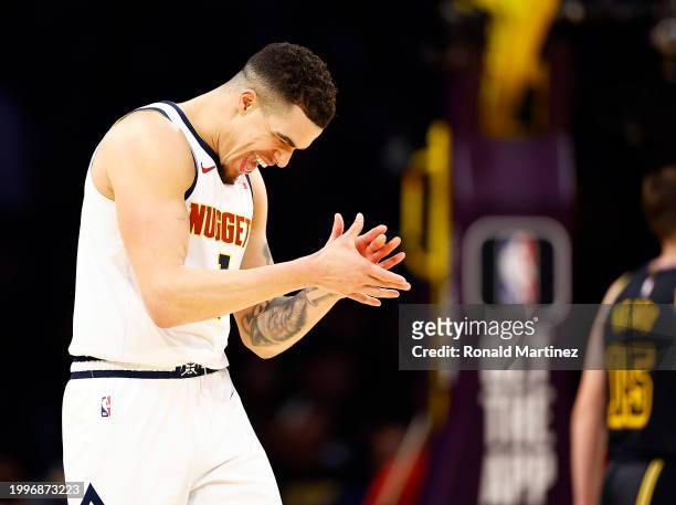 Michael Porter Jr. #1 of the Denver Nuggets reacts after making a three-point shot against the Los Angeles Lakers in the second half at Crypto.com...