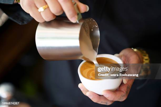 pouring latte art - latte barista stock pictures, royalty-free photos & images