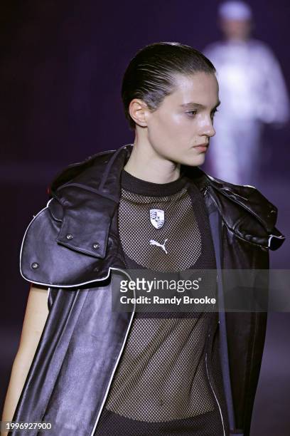 Model walks the runway during Welcome To The Amazing Mostro Show Presented by Puma at Park Avenue Armory on February 08, 2024 in New York City.