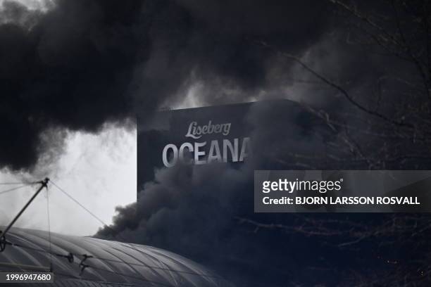 Billows of smoke are picture at a structure of the Oceana Waterworld at the Liseberg Amusement Park in Gothenburg, Sweden on February 12, 2024. /...