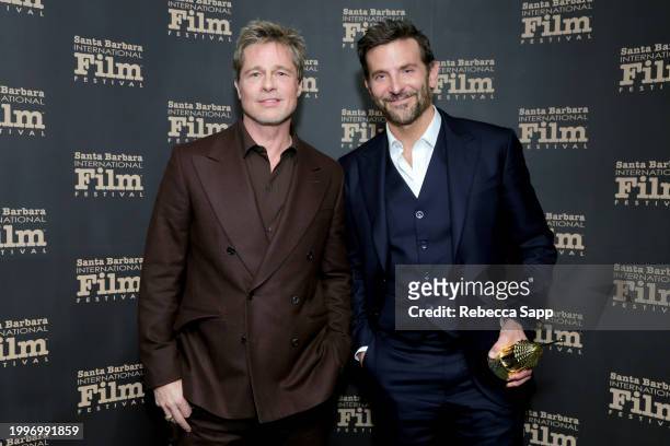 Brad Pitt and Honoree Bradley Cooper pose with the Outstanding Performer of the Year Award during the 39th Annual Santa Barbara International Film...