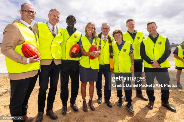 Australian Prime Minister Anthony Albanese poses for a photograph with Hawthorn Hawks players and staff Ashley Klein, Andrew Gowers, Changkuoth...