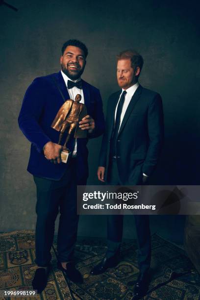 Cameron Heyward of the Pittsburgh Steelers poses for a portrait after winning the Walter Payton Man of the year with Prince Harry, Duke of Sussex at...
