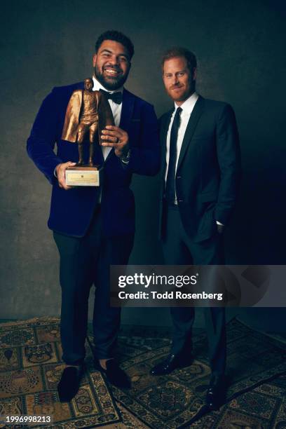 Cameron Heyward of the Pittsburgh Steelers poses for a portrait after winning the Walter Payton Man of the year with Prince Harry, Duke of Sussex at...