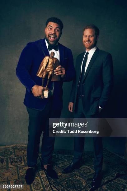 Cameron Heyward of the Pittsburgh Steelers poses for a portrait after winning the Walter Payton Man of the year with Prince Harry, Duke of Sussex at...