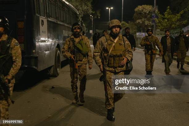 Military troops guard the entrance at Model Town Lahore counting station on February 08, 2024 in Lahore, Pakistan. The upcoming Pakistan general...