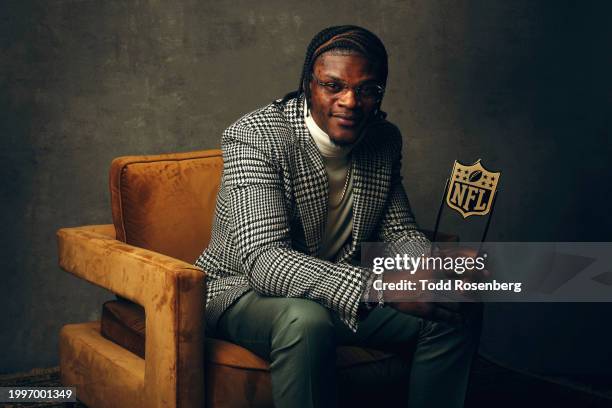 Lamar Jackson of the Baltimore Ravens poses for a portrait after winning MVP at the 13th Annual NFL Honors on February 8, 2024 in Las Vegas, Nevada.
