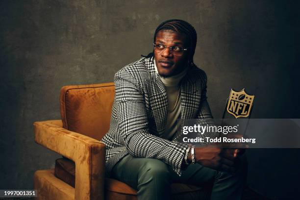 Lamar Jackson of the Baltimore Ravens poses for a portrait after winning MVP at the 13th Annual NFL Honors on February 8, 2024 in Las Vegas, Nevada.