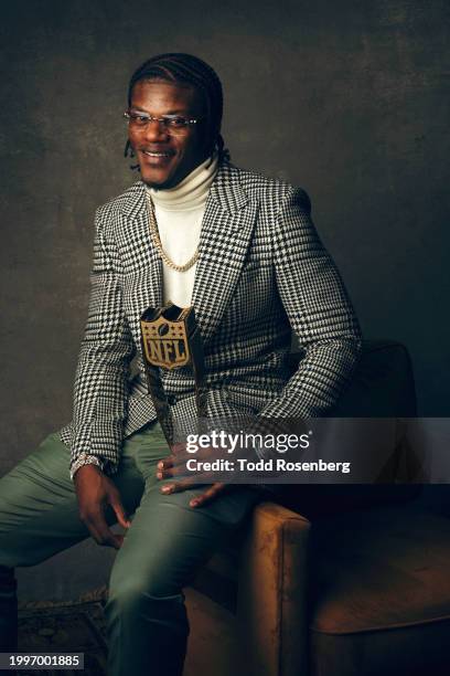 Lamar Jackson of the Baltimore Ravens poses for a portrait after winning MVP at the 13th Annual NFL Honors on February 8, 2024 in Las Vegas, Nevada.
