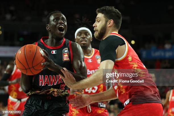 Wani Swaka Lo Buluk of the Hawks looks to shoot during the round 19 NBL match between New Zealand Breakers and Illawarra Hawks at Spark Arena, on...